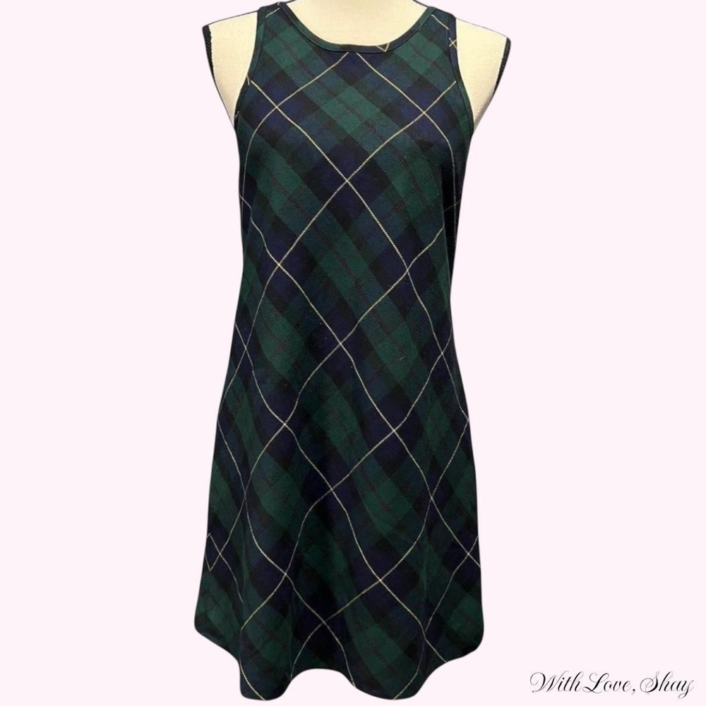 90s vintage Gap green plaid babydoll high neck mini dress